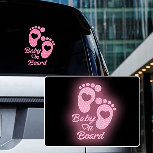 Iprokiu High Intensity Reflective Baby on Board Car Sticker Waterproof Cute Footprint Baby in Car Decal Safety Warning Sign Kids on Board Decal for Car Bumper Window (Pink)