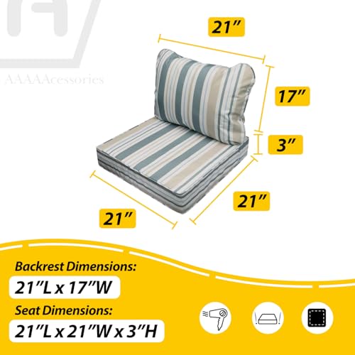 Image of AAAAAcessories Outdoor Seat Cushions for Chairs, Fade-Resistant, Waterproof Patio Furniture Replacement Cushions, 21 inch x 21 inch x 3 inch + 21 inch x 17 inch, Slate Gray Blue Coastal Stripe