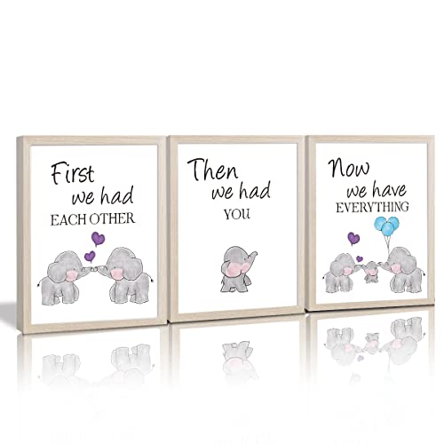 Image of KAIRNE Watercolor Elephant Family Framed Canvas Wall Art ,First We Had Each Other Quote Art Print,Nursery Animal Love Words Picture Ready to Hang For Kids Room Decor