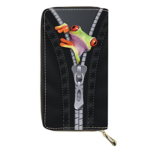 Dolyues Long portefeuille imperméable en cuir synthétique pour femme avec fermeture éclair et poche pour pièces de monnaie, Motif grenouille noire, Classique Cover