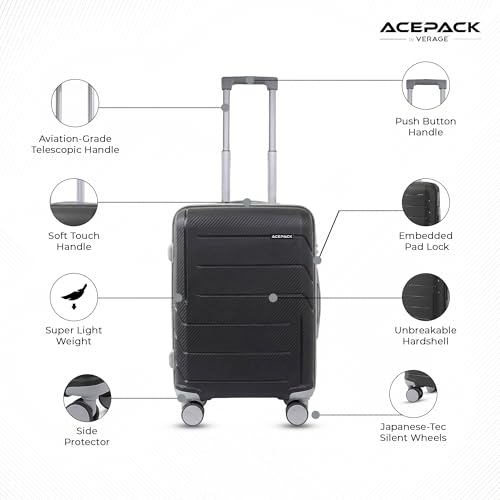 Image of ACEPACK Orion Polypropylene (PP) Cabin Suitcase 55 cm | Lightweight Hard Shell Trolley Bag with 360 Silent Spinner Wheels, Number Lock, Telescopic Handle & Corner Guards | 30-45L Carry-On Luggage