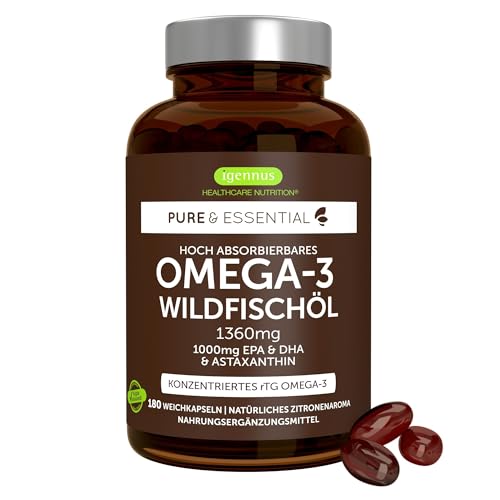 Igennus Hochwertigstes Omega-3 Wildfischöl & Astaxanthin, Triglyceridform rTG, 1360mg, EPA 670 mg & DHA 330mg Omega-3 Fettsäuren, ultra rein; frei von Umweltgiften, Zitronengeschmack, 180 Weichkapseln