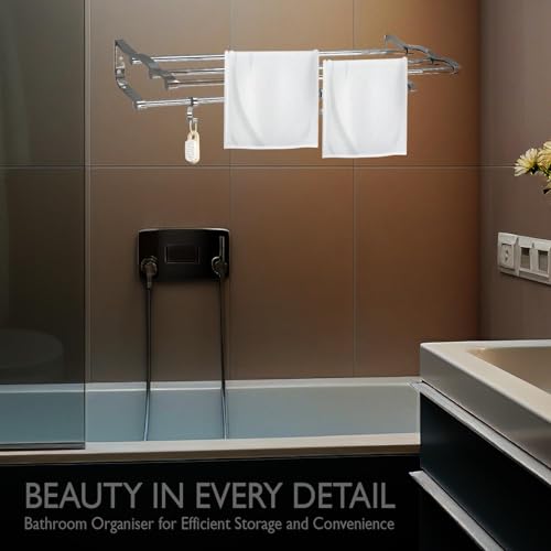 Image of Pivalo Folding Towel Rack Wall Mounted Double Aluminium Rod Napkin Holder Multipurpose Hanger Stand Bathroom Accessories Bar for Home Kitchen Washroom (Pack of 1, Silver, 1027)
