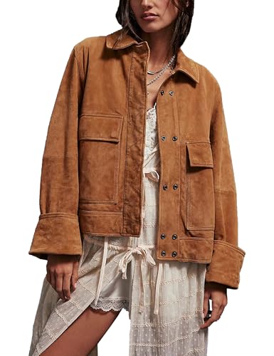 Lumister Faux Suede Jacket Women Casual Oversized Button Down Leather Bomber Jacket with Pocket Trendy 2025