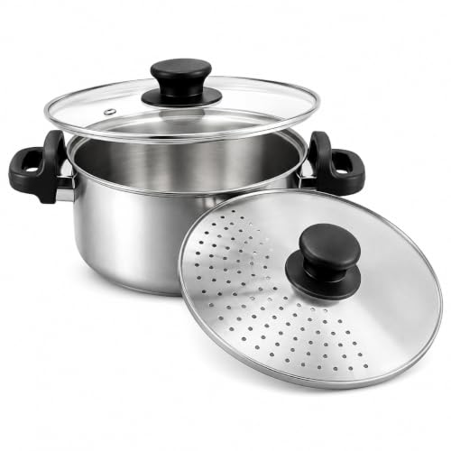 Image of RUDRA Stainless Steel Rice Cooker & Steamer with Glass Lid & Strainer Lid | Induction Base | Clip Lock Handles | Multipurpose Cooking Pot for Rice, Pasta, Vegetables, Noodles