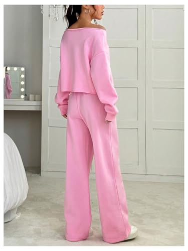 SOLY HUX Women's 2 Piece Outfits Fall Sweatsuits Off The Shoulder Crop Top Wide Leg Sweatpants Casual Matching Lounge Sets2