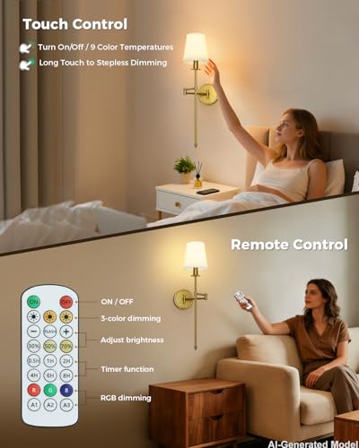 Image of Joosenhouse Battery Operated Wall Sconces (Set of 2), Wireless Dimmable Wall Lights, 9 RGB Color Options, 24.8-inch Brass Indoor Wall Lamps, for Decorating bedrooms, Living Rooms, and hallways