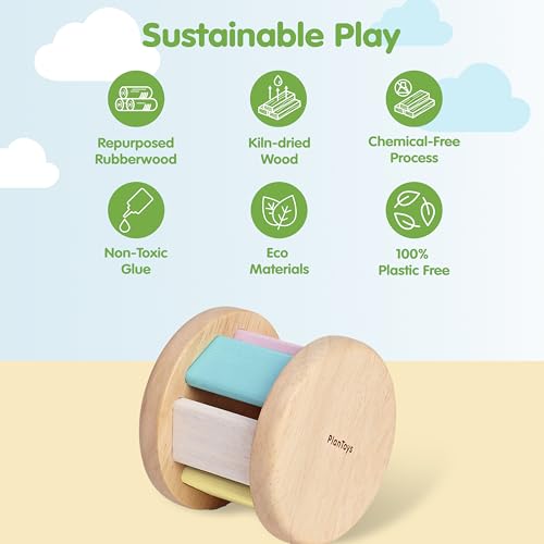 Image of PlanToys Pastel Wooden Roller Toy for Babies | Montessori Sensory Toy with Gentle Rattle Sound | Eco-Friendly Crawling & Motor Skill Toy for Infants 6+ Months
