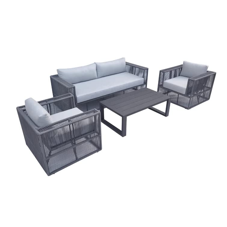 Image of DEVOKO Outdoor Unique Design Rope 4-Piece Bistro Set with Seat Cushions and Pillows Included Patio Set with Center Table for Garden, Balcony, Pool, Backyard (Grey Color)