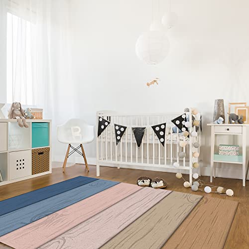 Farmhouse Area Rug For Bedroom Living Room- Blue Pink Brown Gradient Retro Wood Grain Contemporary Floor Carpet Comfy Runner Rug Nursery Playmats Home Decor Mat, #TOP2