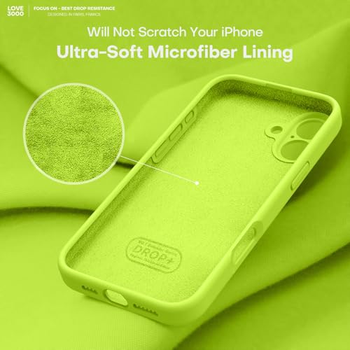 Image of LOVE 3000 Designed for iPhone 16 Case, Premium Silicone with [Soft Anti-Scratch Microfiber Lining] Shockproof Protective Phone Case for Men Women Girls 6.1 inch, Fluorescent Green