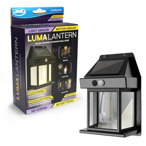 JML Solar Powered Outdoor Luma Lantern - LED Garden Lights with Motion Sensor, Wireless Mounted Wall Light with 3 Settings - Traditional Outdoor Wall Lights for Patio, Driveway & Garden