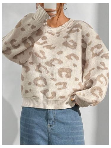 SHENHE Women's Vintage Leopard Print Crew Neck Drop Shoulder Loose Knit Pullover Sweater4