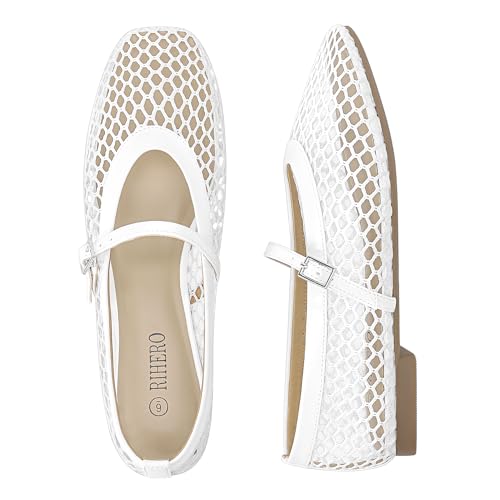 Image of Rihero Mesh Ballet Flats for Women Comfortable Square Toe Ballerina Flats Buckle Strap Casual Fishnet Flat Shoes