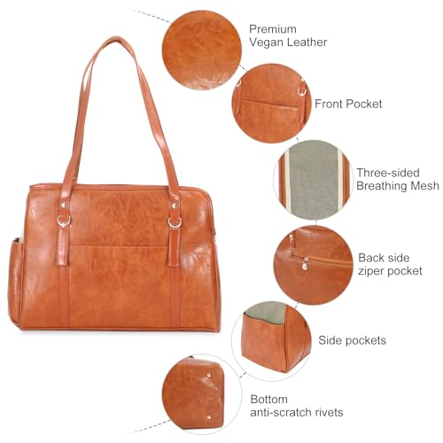 Lasaviin Hundetragetasche, modische Leder-Haustier-Tragetasche mit Taschen, von Fluggesellschaften zugelassen, weiche Seiten, für Welpen, Katzen, Hunde, Braun
