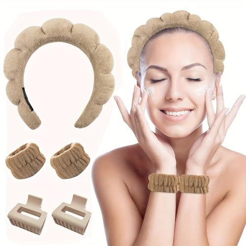 スパツール ふわふわヘッドバンド 伸縮性 吸水性 ツイストバンド バンスクリップ 滑り止めクリップ 洗顔 お風呂 スキンケア スパ メイクアップに最適 (コーヒーセット)