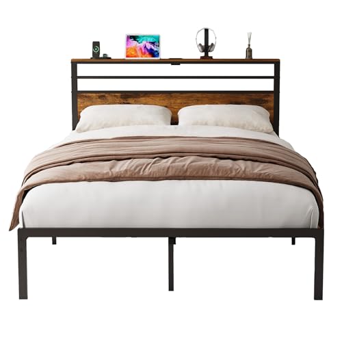 RIDFY Bed Frame Full Size with Storage Headboard & Charging Station, Sturdy Metal Full Platform Bed...