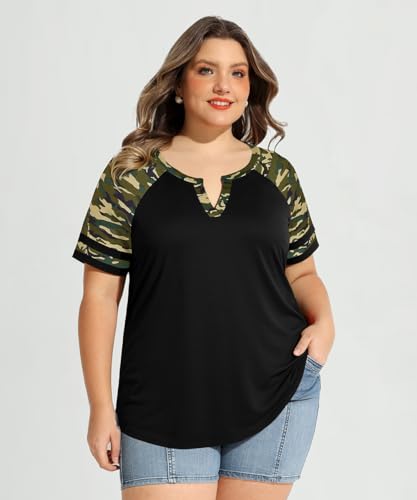 Image of CARCOS Plus Size Tops for Women Short Sleeve Summer Pullover Color Block Crewneck /V Neck Tee Tunic Loose Fit Tshirts XL-5XL