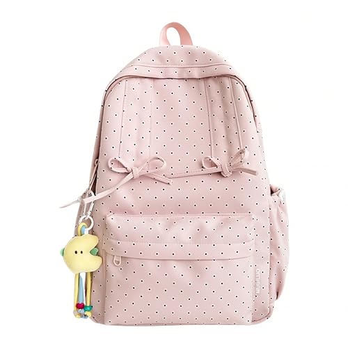 Cute Polka Dot Backpack for Girls Casual Preppy Schoolbag for Girl Teens Kawaii College Backpack with Cartoon Pendant (Pink)