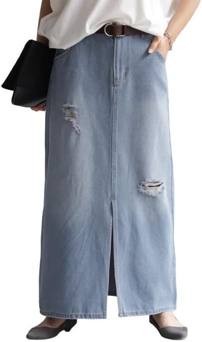 [Hug.U] デニム お洒落 脚長 スカート レディース ボトムス デニムスカート ロングスカート クラッシュ マキシ丈