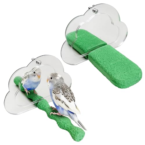 Image of PINVNBY 2 PCS Bird Mirror with Perch Resin Parakeet Perches Hanging Parrot Toys Interactive Bird Cage Accessories for Cockatiel Conure Lovebird Finch (Green)