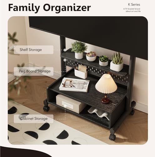 FITUEYES Tall TV Stand with Wood Storage Cabinet for 40-85 Inch, Stable TV Floor Stand on Wheels with DIY Peg Board, Universal Mobile TV Stand Holds 60kgs, K Series - Image 3