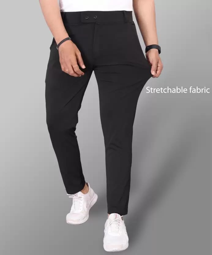 Image of AVIX Men's Black Slim Fit Formal Trouser, Casual Straight Leg Pants with Side Pockets