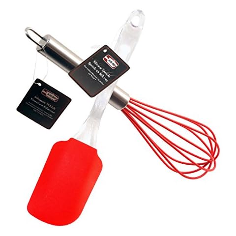 Silicone Spatula and Whisk Set - Non-Stick Flexible Silicone Spatula - Stainless Steel & Silicone Whisk for Blending, Beating & Stirring - Heat Resistant up to 428ºF. By Ai-De-Chef (2-Pack, Red) Cover