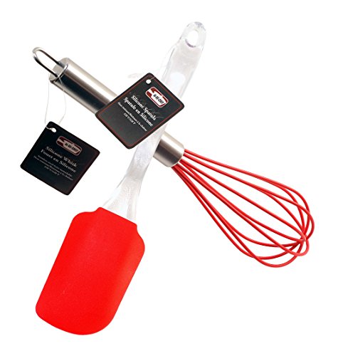 Silicone Whisk and Spatula - Stainless Steel & Silicone Whisk for Blending, Whisking, Beating & Stirring - Non-Stick Flexible Silicone Spatula - Heat Resistant up to 428ºF. By Ai-De-Chef (2-Pack, Red)