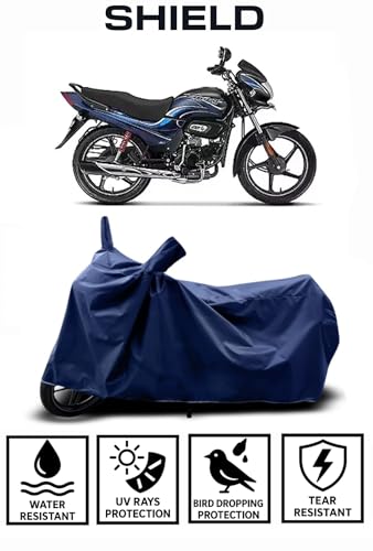 Image of Shield Heavy Duty Bike Cover for Hero Passion Plus | All-Season, Tear-Proof Fabric | with Side Mirror Pocket & Buckle Belt | Hero Passion Plus Bike Cover (Blue)