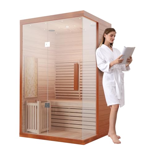 3 Person Wooden Steam Sauna Room, Red Cedar Luxurious Indoor Sona House with 6 KW Harvia Heater, Wi-Fi Controller, Bluetooth Speaker, Wooden Bucket, Scoop, Reading Light, 220V