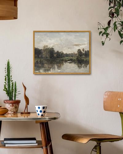 Image of KISSFOX Framed Vintage Landscape Wall Art Natural Scenery Canvas Prints Colorful Painting Artwork Rustic Farmhouse Pictures Decor Living Room Office Bedroom Bathroom Kitchen