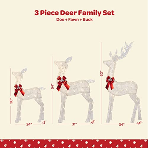 Impressive Reindeer Christmas Decoration Family [Set of 3] Large Lighted Christmas Deer Outdoor Decoration Display with 365 LED Lights all-weather (Buck/Doe/Fawn) With Red Bows/Tie-Down Stakes - White