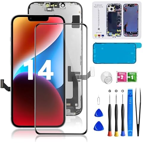 for iPhone 14 Screen Replacement Black, LCD Touch Digitizer Complete Display for A1864,A1897,A1898,with Proximity Sensor Ear Speaker Front Camera Screen Protector and Repair Tool Cover