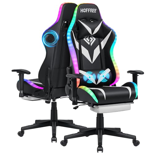 Led Gaming Chair with Speakers Massage 165° Reclining Computer Chairs-White