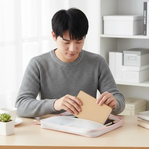 Image of Thickened Mesh Document Bag Folder, Waterproof A4 Size File Organizer with L-Shaped Zipper, 3-Layer Separation, Transparent Storage Pouch with Pastel Trim, 23.5x31x4cm