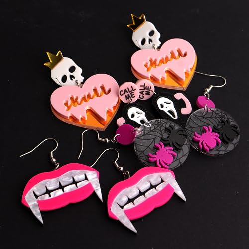 JeanBeau Halloween Skull Pink Heart Skeleton Spooky Ghost Bat Vampire Mouth Drop Dangle Acrylic Earrings Set for Women Cute Gothic Party Holiday Accessories Fashion Costume Jewelry Gift4