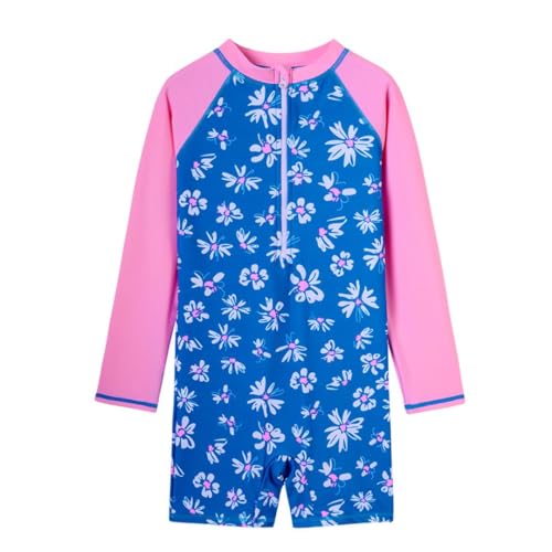 Image of Girls Long Sleeve Swimsuit Rash Guard One Piece Bathing Suits with UPF 50+ Blue,Pink 11-12Y