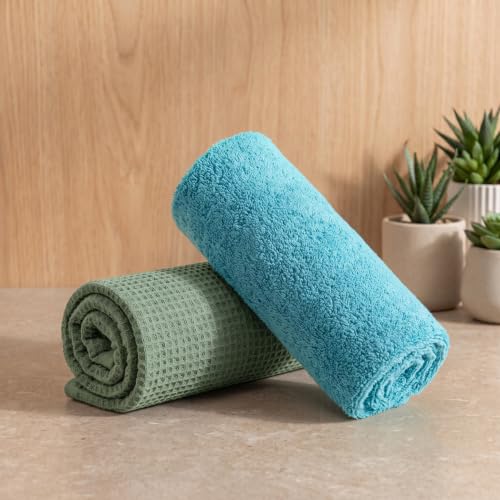Image of Mush Bamboo Dual Texture Waffle Terry Hand Towel Set of 2 | Ultra Soft, Highly Absorbent, Quick Dry | Hand Towels for Bathroom, Gym & Travel (40x60 cm, 450 GSM) Misty Blue & Olive Green
