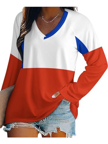 Camiseta Manga Larga Mujer Verano Cuello En V Top Básico Casual Suelto Bandera Chilena con Bloques De Colores Elegante Pullover Blusas T-Shirts, Informal Tallas Grandes Holgada Túnica