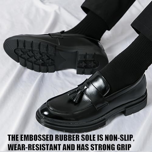 Men's Fashion Tassel Platform Loafers Comfortable Wide Round Toe Slip on Lug Sole Low Block Heel Business Dress Shoes Non-Slip Work Office Casual Shoes4