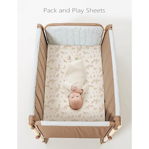 Image of Konssy Muslin Mini Crib Sheets, 100% Soft Cotton Pack and Play Sheets for Pack N Play Mattress, Playard Baby Crib Sheets for Baby Girls (Floral, Pink)