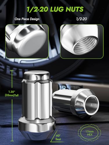 Image of AUTOPTIM 1 /2-20 Spline Lug Nuts - 20 Pcs Chrome Closed End Nuts with Socket | Replacement for 1987-2018 Jeep Wrangler, 2002-2012 Jeep Liberty, 1993-2010 Grand Cherokee Aftermarket Wheel, 17mm Hex