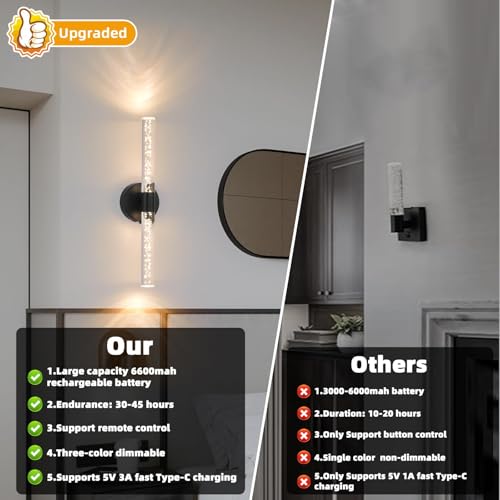 Image of Battery-Operated Wall Sconces Set of 2, Black 20'' Rechargeable Crystal Bubble Wall Sconce with Remote Control, 3000K-6000K Dimmable LED Wireless Wall Lights for Living Room Bedroom Hallway