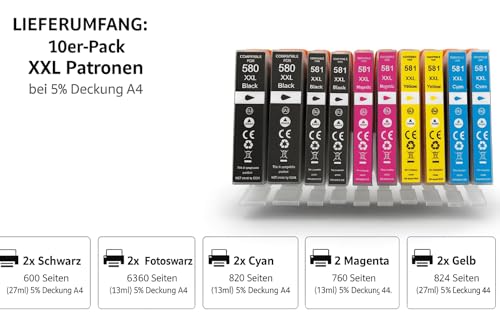 Bubprint Ecoline PGI-580 CLI-581XXL Druckerpatronen Kompatibel für Canon 580 581 Patronen Multipack für Canon Pixma TS705 TR8550 TS6150 TR7550 TS6250 TR8500 TS8251 TS6350 (PGBK/C/M/Y/BK，10er-Pack)