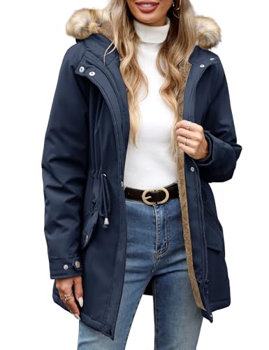 FemiChic Women Winter Coat UK Fleece-Lined Jackets Ladies Long Winterproof Parka Warm Padded Coats Thermal Thickened Hooded Outwear Detachable Hood Overcoat