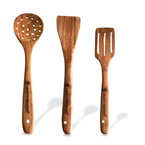 Image of Wooden Cooking Spoons Utensils, Sheesham Wood Kitchen Tools Stainer and Spatulas BPA Free (Set of 3)