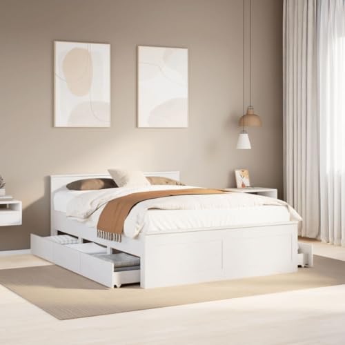 vidaXL Massivholzbett mit Kopfteil, Holzbett mit Bettfüße Schubladen Lattenrost, Doppelbett für Schlafzimmer, Bett Bettgestell, Weiß 140x200cm Kiefernholz
