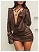 MakeMeChic Women's Mesh Sheer Fall Wedding Guest Dress Long Sleeve Cowl Neck Mini Dress Brown Small