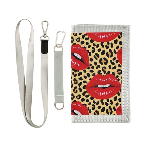 zyrtty Kids Wallets for Boys Girls Ages 4-18 Trifold, Leopard Print Mouth Red Lips Wallet with Zippered Coin Pocket and Card Holders, Novelty Wallet for Childrens Birthday Gifts